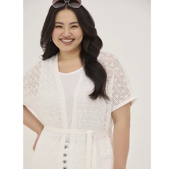 Torrid 3/4 CROCHET DUSTER SHORT SLEEVE TIE WAIST SWEATER - Picture 2 of 10